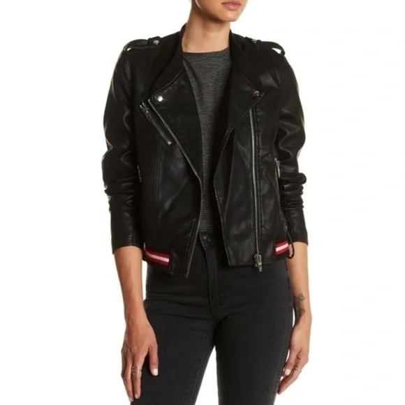 Blank NYC “Frisky Business” Faux Leather Vegan Moto Jacket Bally Stripe XS - Picture 15 of 15